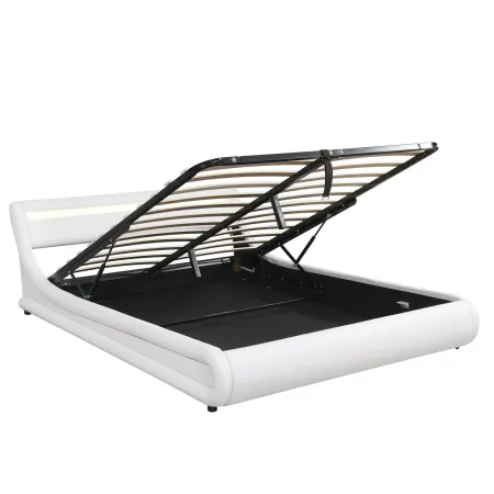Upholstered PU Leather Platform bed with a Hydraulic Storage System with LED Light Headboard Bed Frame with Slatted Queen Size