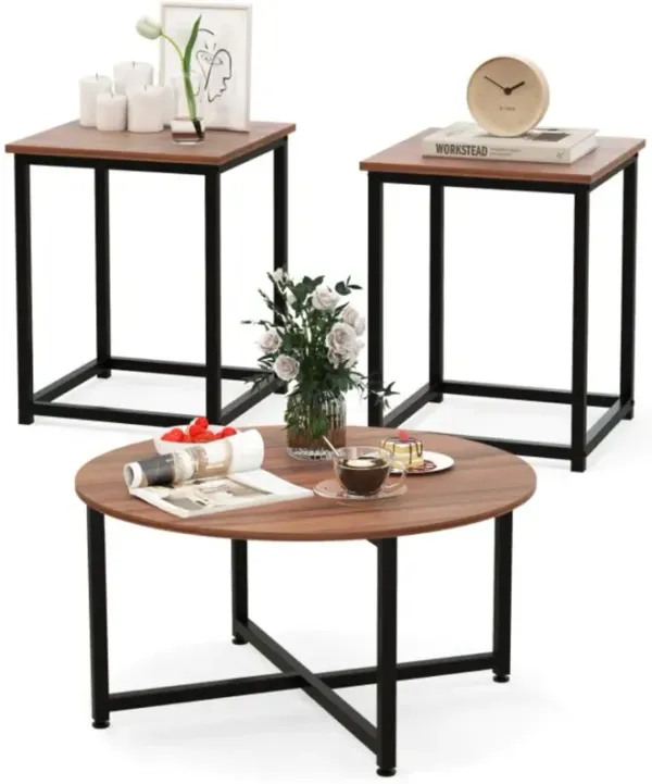 Hivvago 3-Piece Coffee Table Set Round Coffee Table and 2PCS Square End Tables