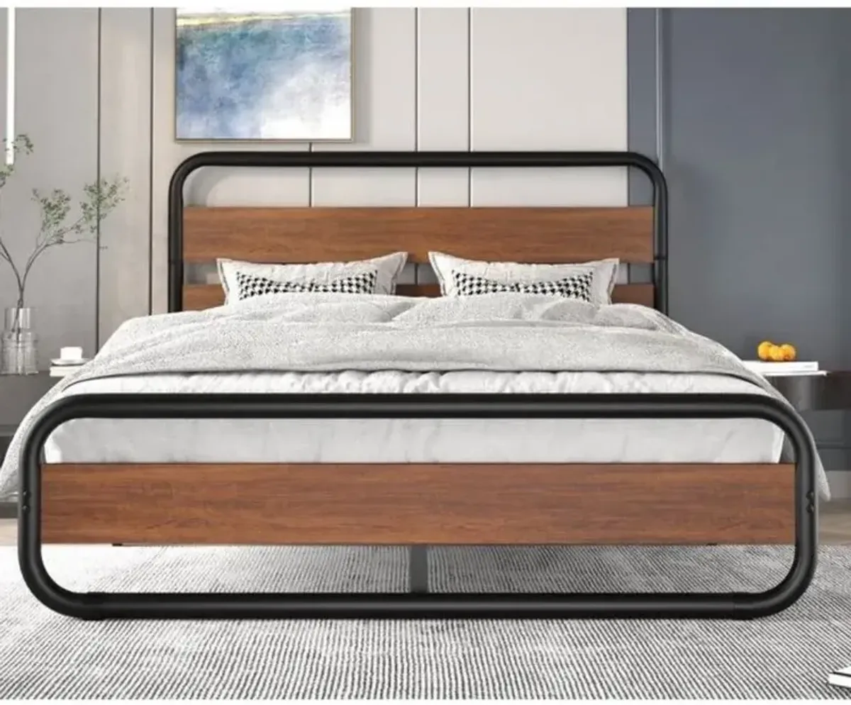 Hivvago King size Heavy Duty Industrial Modern Metal Wood Platform Bed Frame with Headboard