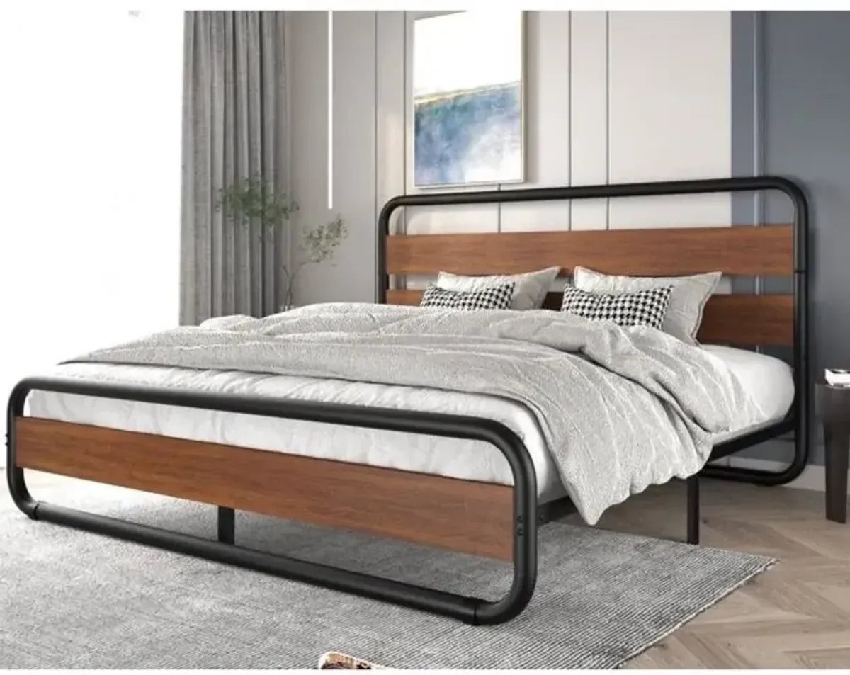 Hivvago King size Heavy Duty Industrial Modern Metal Wood Platform Bed Frame with Headboard