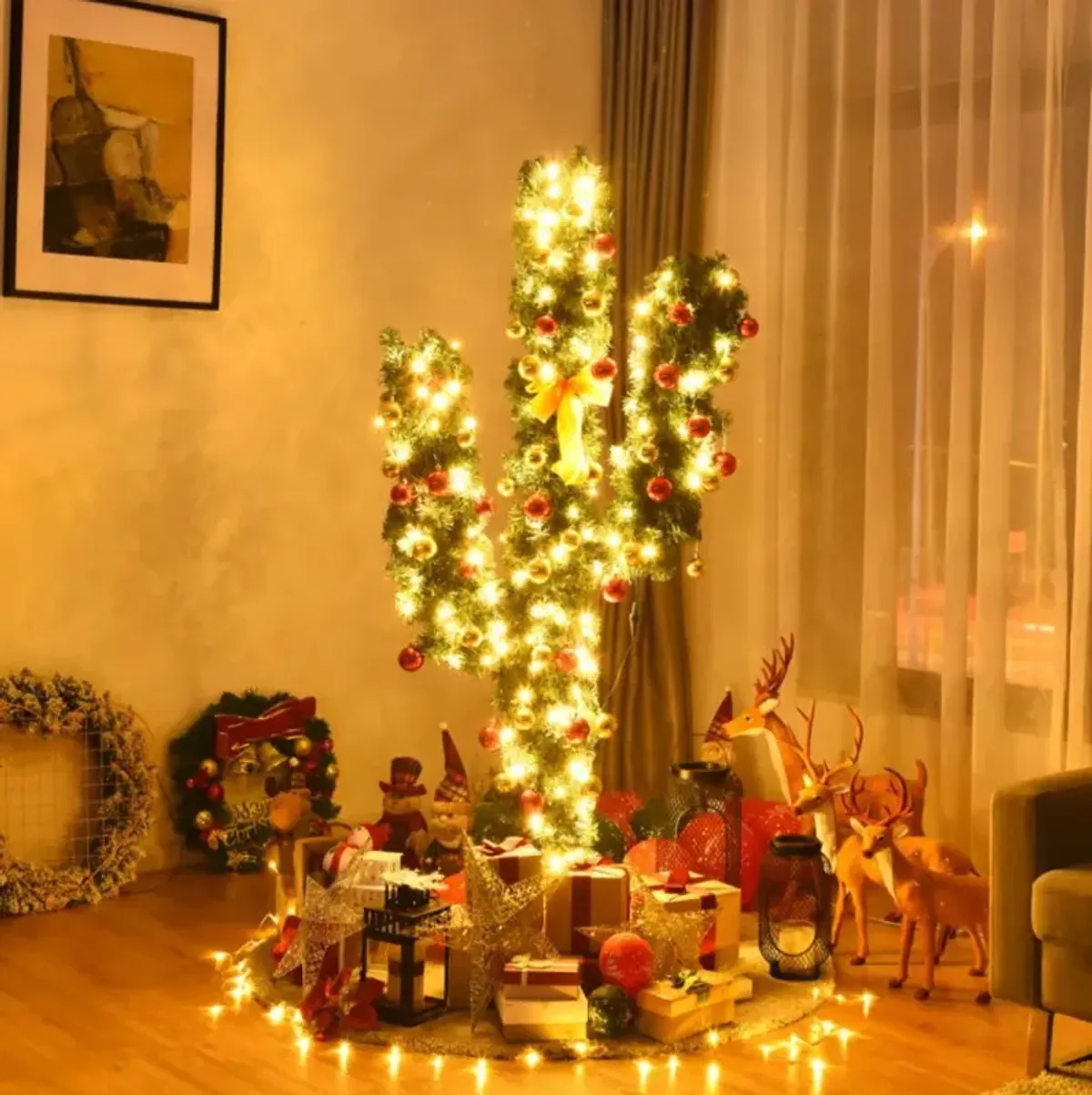 Hivvago 5/6/7 Feet Artificial Cactus PVC Christmas Tree with LED Lights and Ball Ornaments