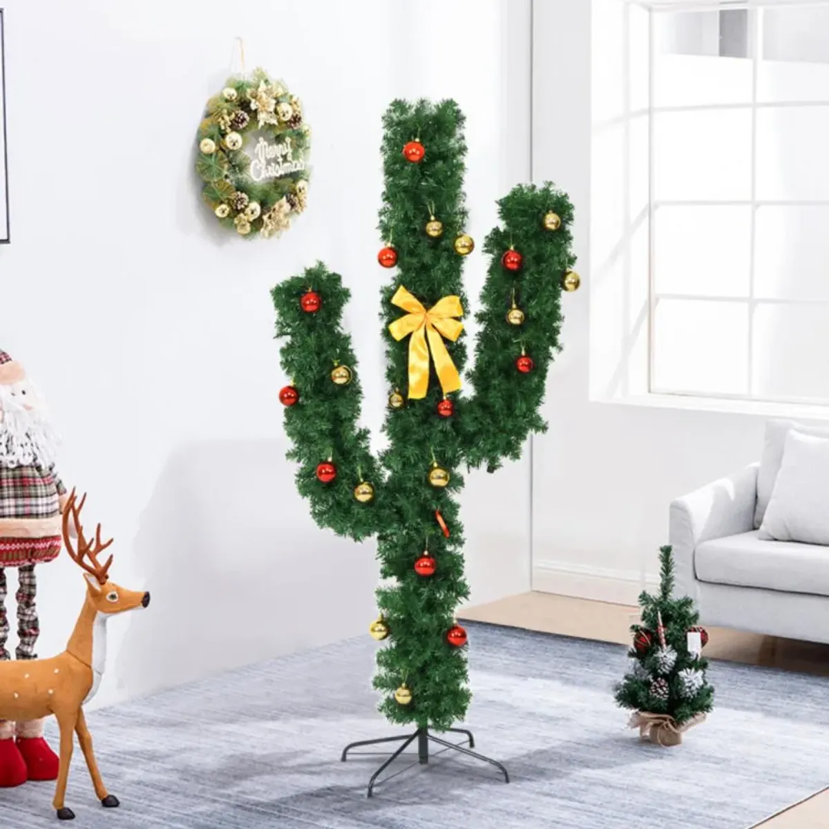 Hivvago 5/6/7 Feet Artificial Cactus PVC Christmas Tree with LED Lights and Ball Ornaments