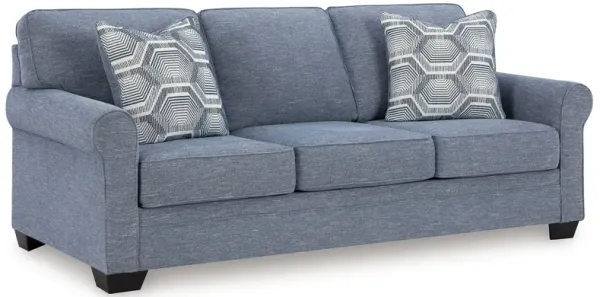 Sano Sofa, Denim Blue Polyester, 2 Accent Throw Pillows, 88 Inch - Benzara