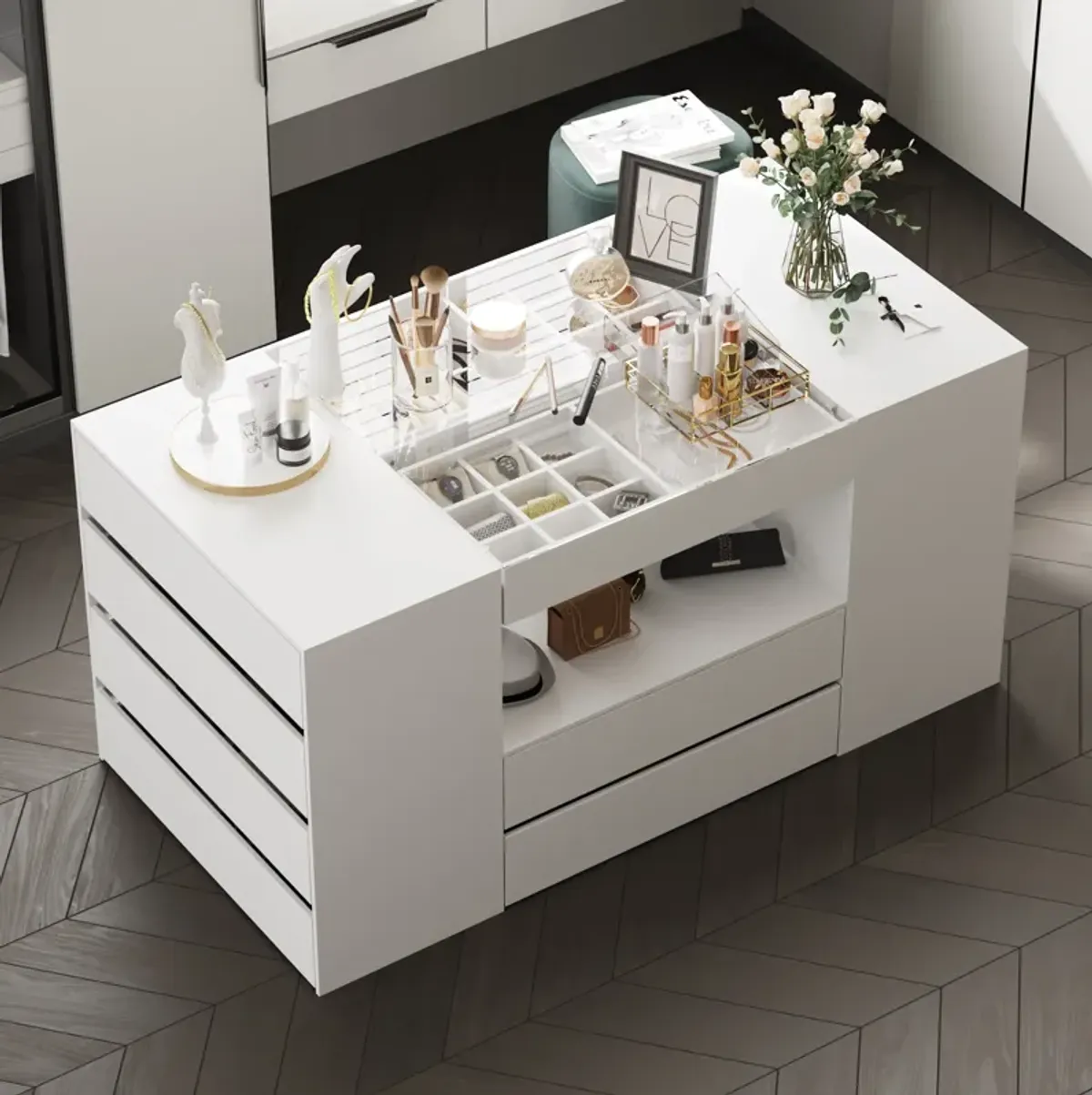 FUFU&GAGA Modern Dresser with Spacious Drawers and Organizer Trays (62" W x 31.5" H x 31.5" D),White