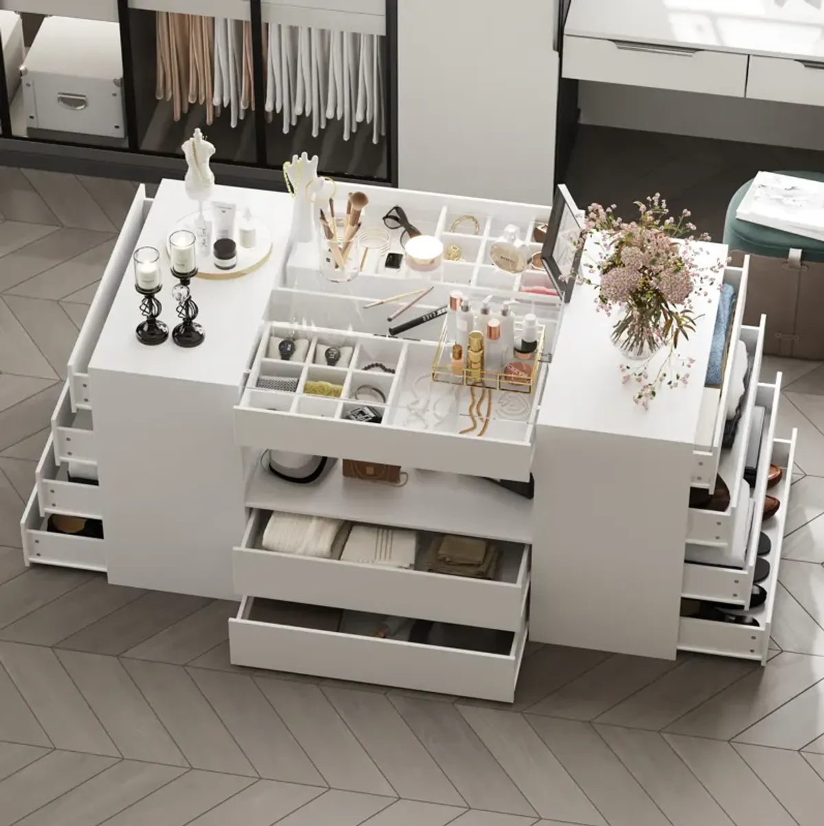 FUFU&GAGA Modern Dresser with Spacious Drawers and Organizer Trays (62" W x 31.5" H x 31.5" D),White