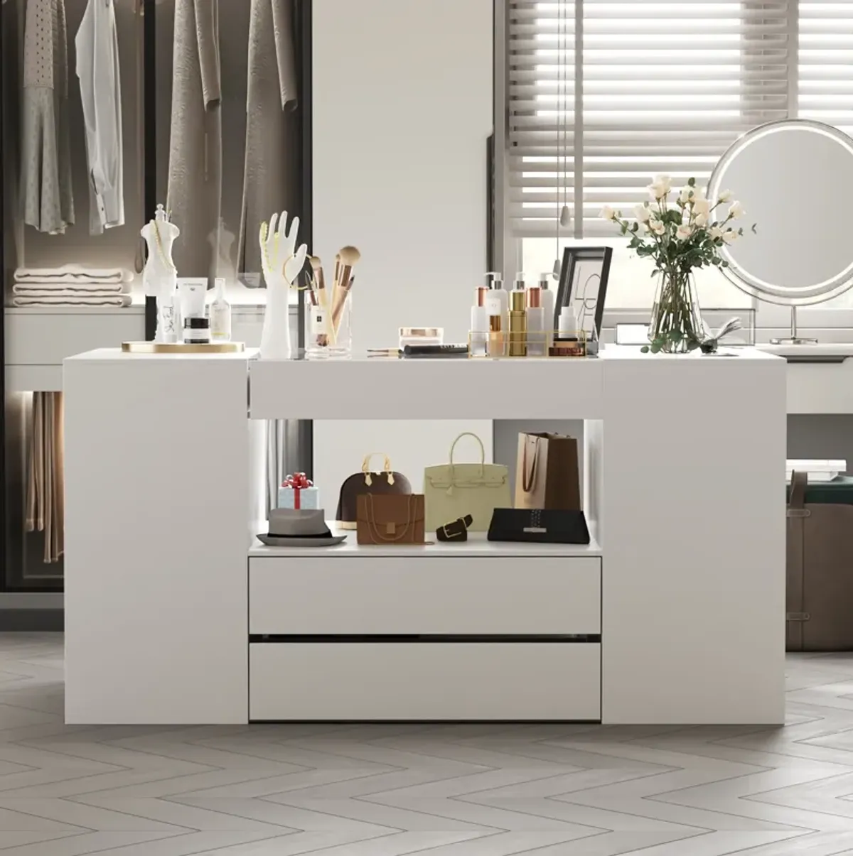 FUFU&GAGA Modern Dresser with Spacious Drawers and Organizer Trays (62" W x 31.5" H x 31.5" D),White