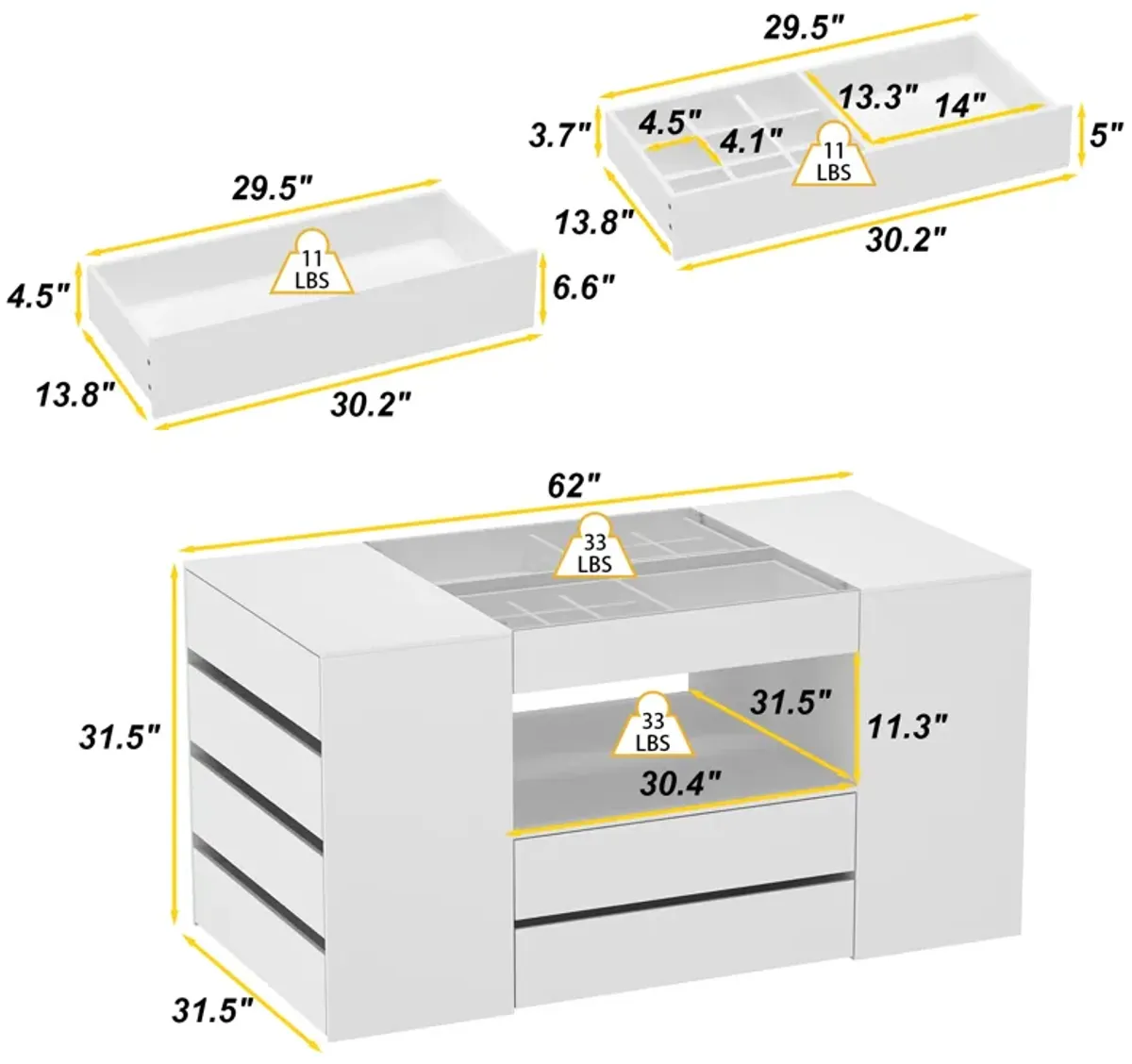 FUFU&GAGA Modern Dresser with Spacious Drawers and Organizer Trays (62" W x 31.5" H x 31.5" D),White