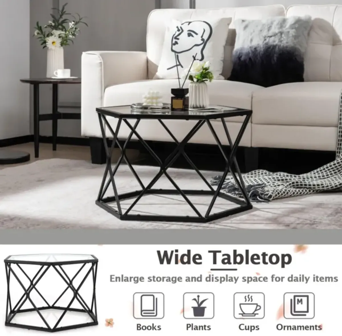 Hivvago Modern Accent Geometric Glass Coffee Table-Black