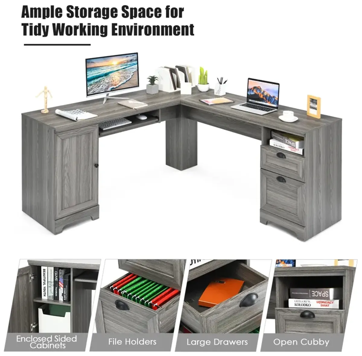 66 Inch L-Shaped Writing Study Workstation Computer Desk with Drawers