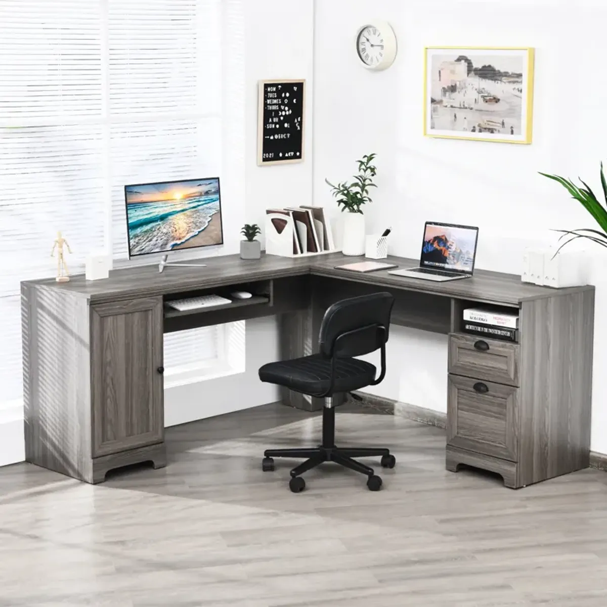 66 Inch L-Shaped Writing Study Workstation Computer Desk with Drawers