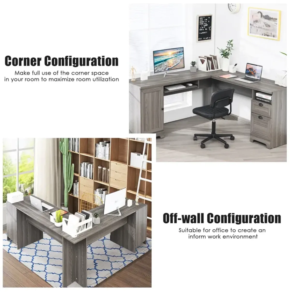 66 Inch L-Shaped Writing Study Workstation Computer Desk with Drawers