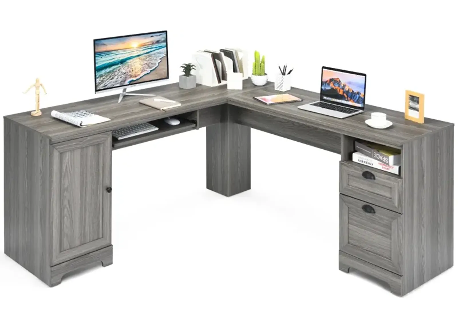 66 Inch L-Shaped Writing Study Workstation Computer Desk with Drawers