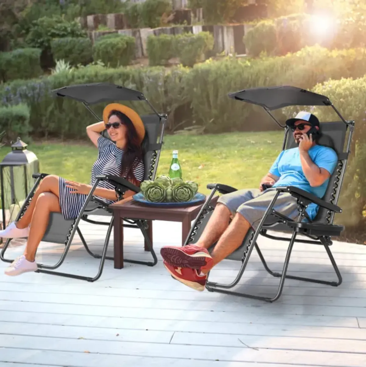 Hivvago Folding Recliner Lounge Chair with Shade Canopy Cup Holder