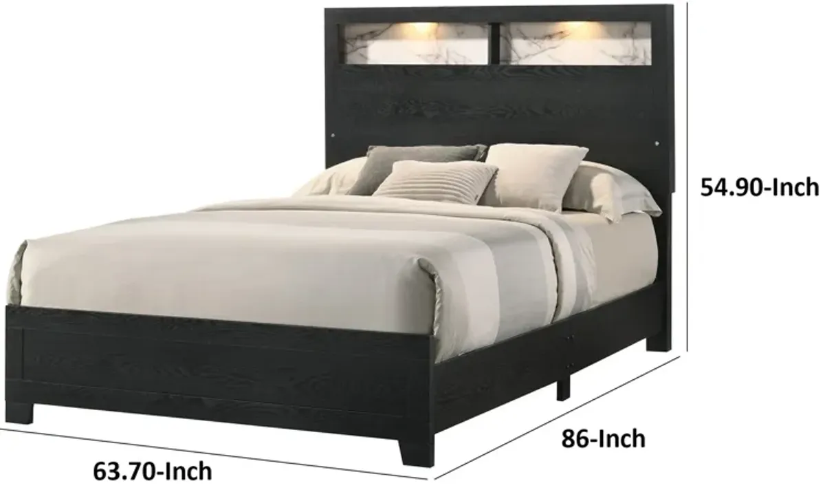 Yoh Queen Size Bed, Wood, Headboard with Lights and Shelves, Black - Benzara