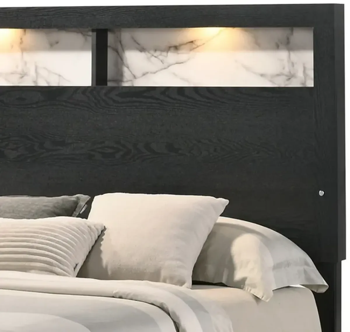 Yoh Queen Size Bed, Wood, Headboard with Lights and Shelves, Black - Benzara