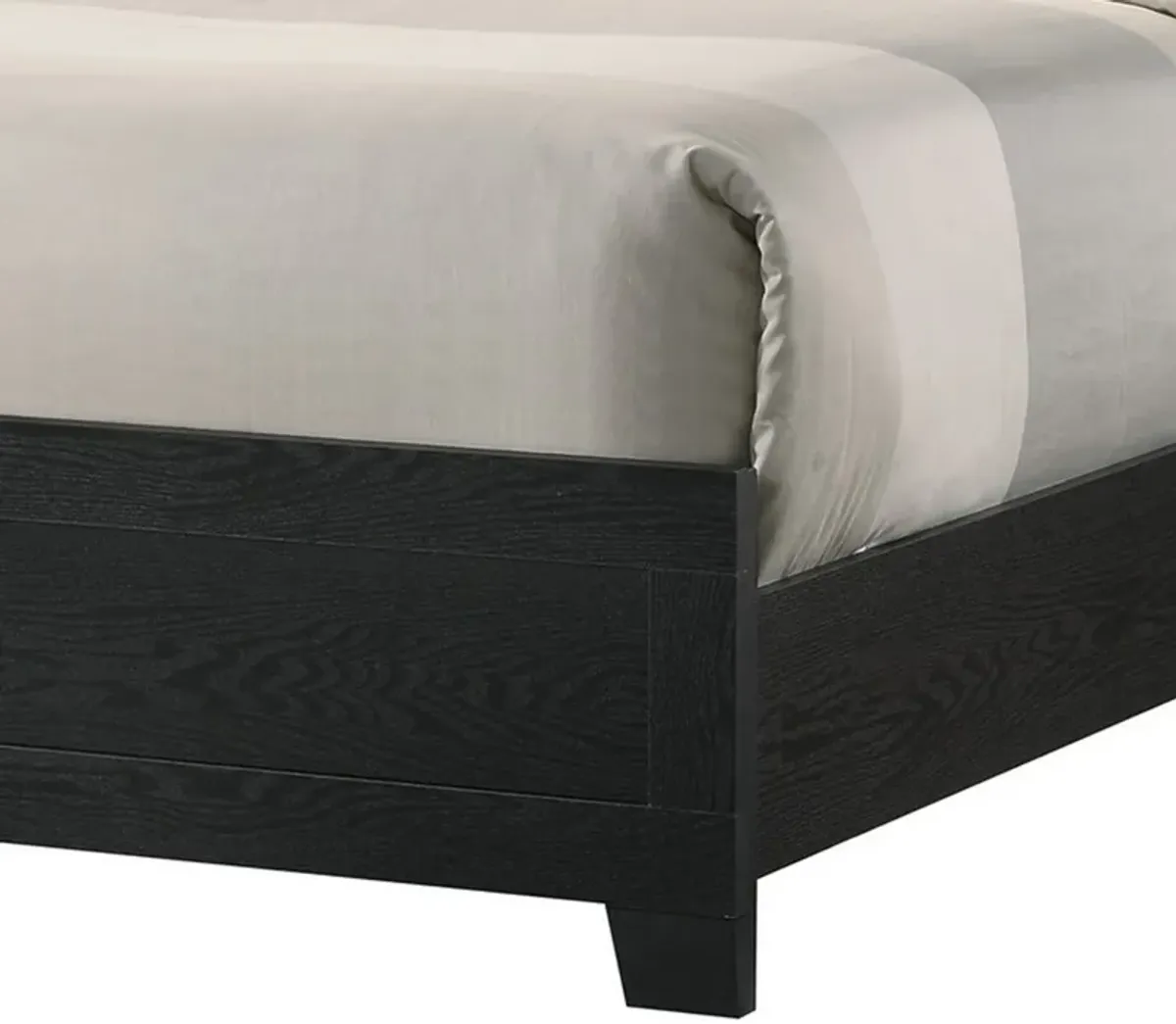 Yoh Queen Size Bed, Wood, Headboard with Lights and Shelves, Black - Benzara