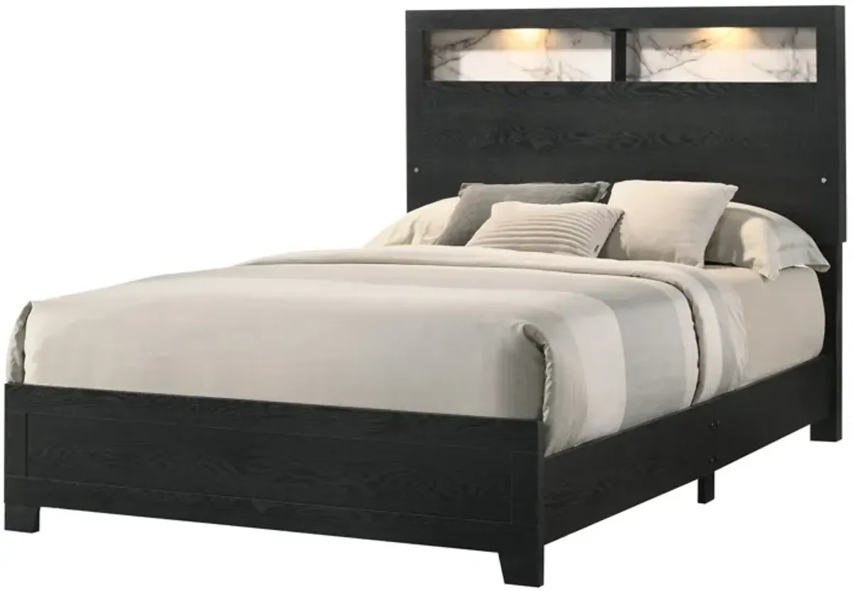 Yoh Queen Size Bed, Wood, Headboard with Lights and Shelves, Black - Benzara