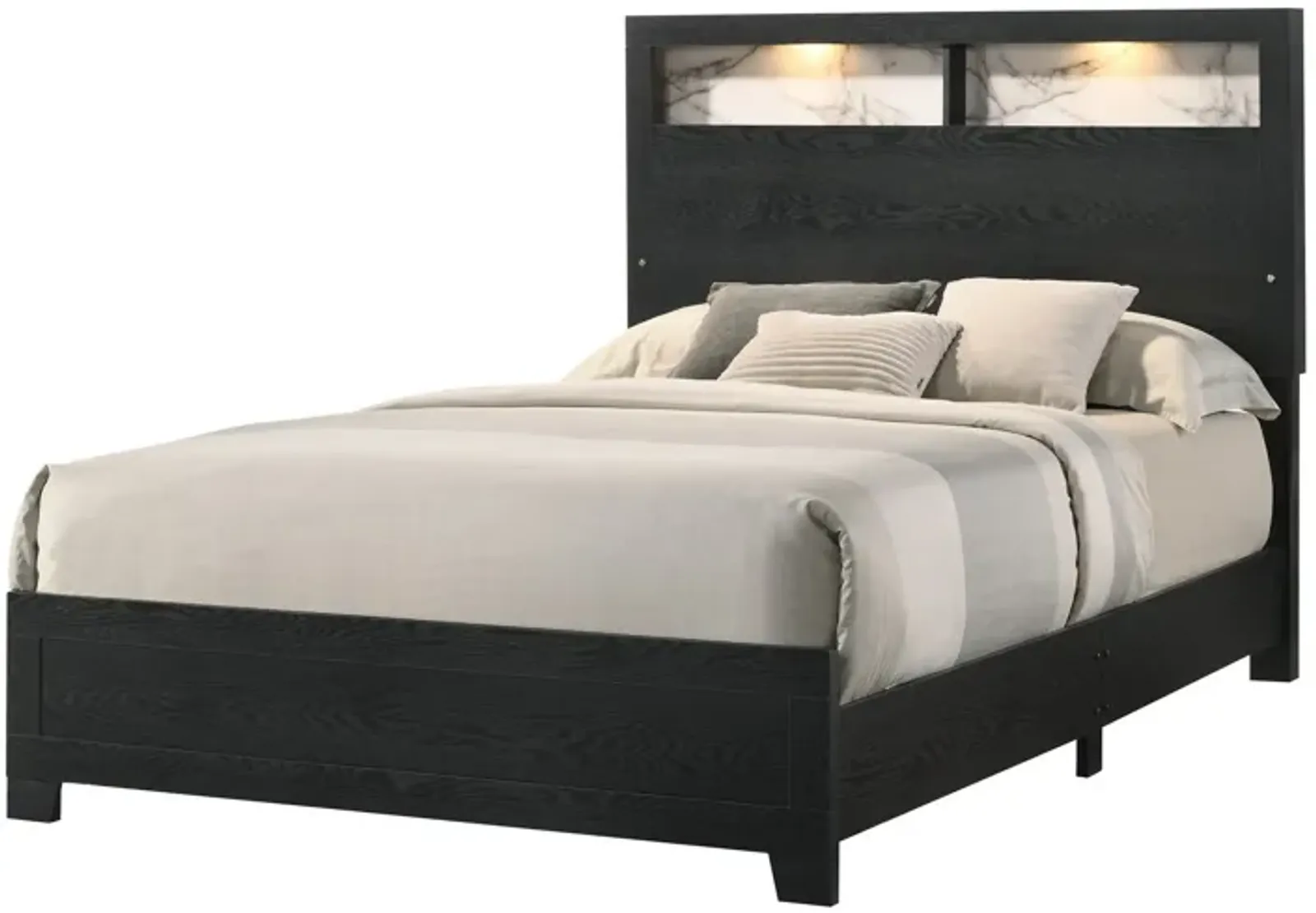 Yoh Queen Size Bed, Wood, Headboard with Lights and Shelves, Black - Benzara