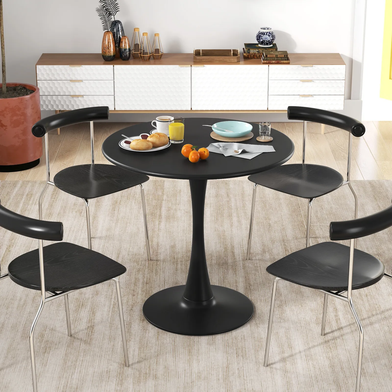 31.5" Round Dining Table with Anti-Slip PP Ring-Black