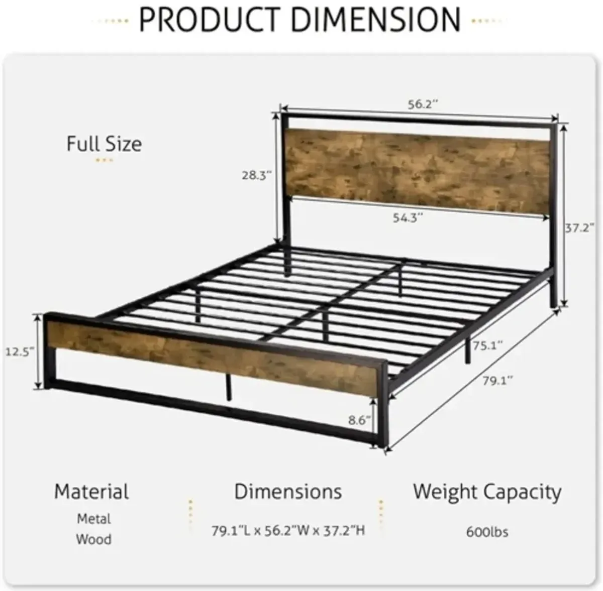 Industrial Metal Wood Platform Bed Frame with Sturdy Headboard Design