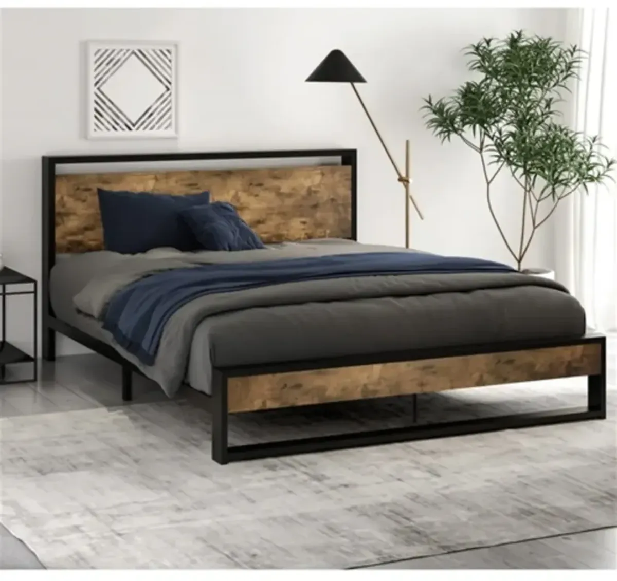 Industrial Metal Wood Platform Bed Frame with Sturdy Headboard Design