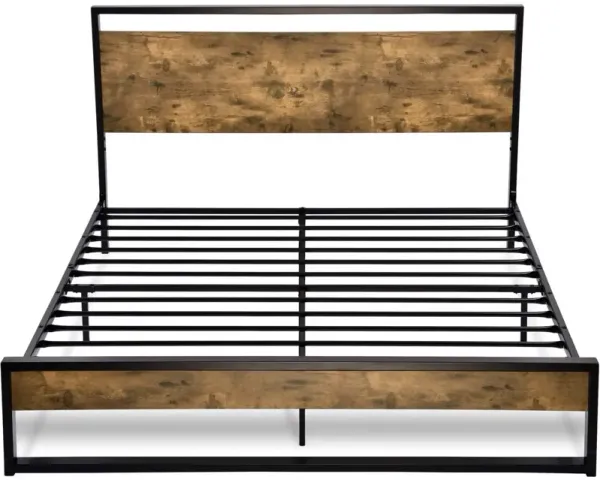 Industrial Metal Wood Platform Bed Frame with Sturdy Headboard Design