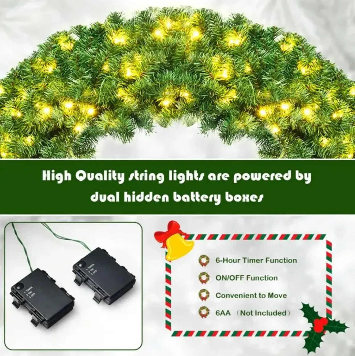 Hivvago 48 Inch Pre-lit Cordless Artificial Christmas Wreath