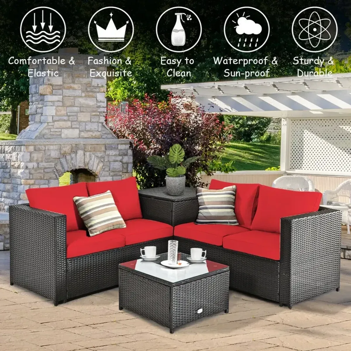 4 Pieces Outdoor Patio Rattan Furniture Set with Cushioned Loveseat and Storage Box