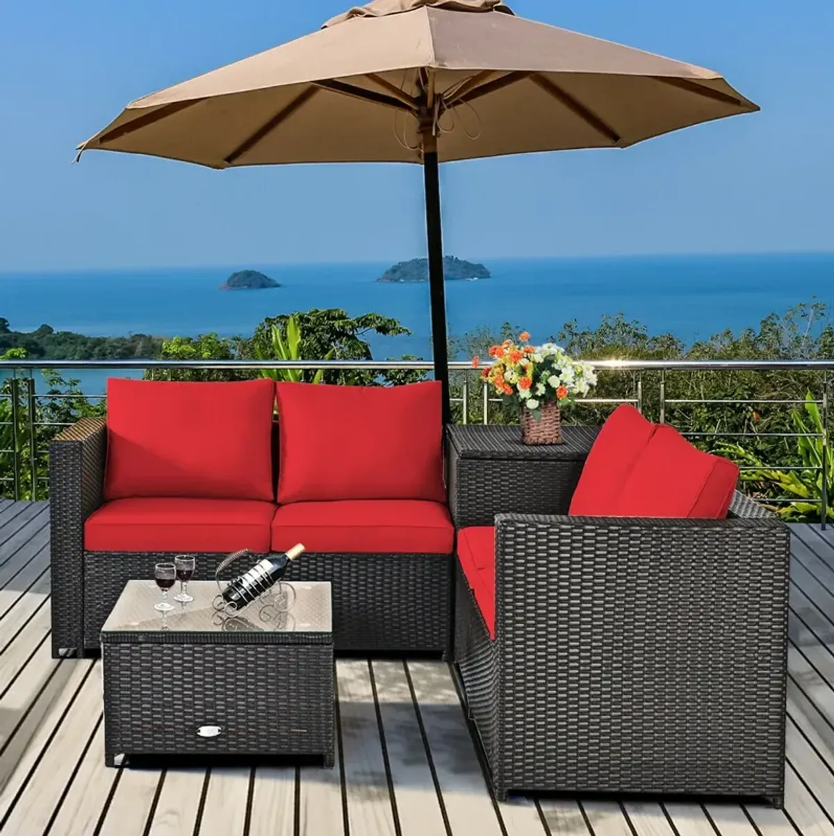 4 Pieces Outdoor Patio Rattan Furniture Set with Cushioned Loveseat and Storage Box