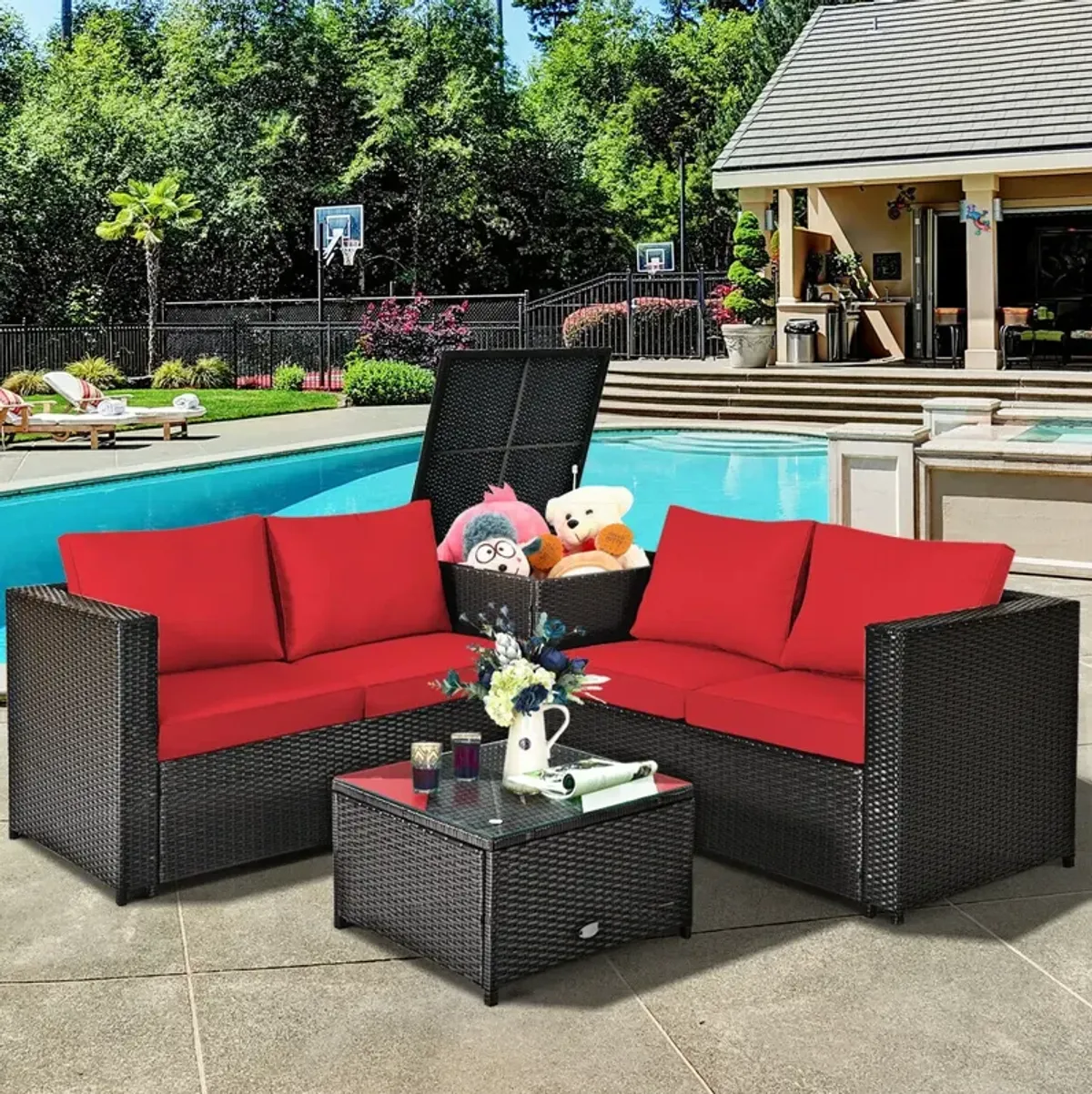 4 Pieces Outdoor Patio Rattan Furniture Set with Cushioned Loveseat and Storage Box