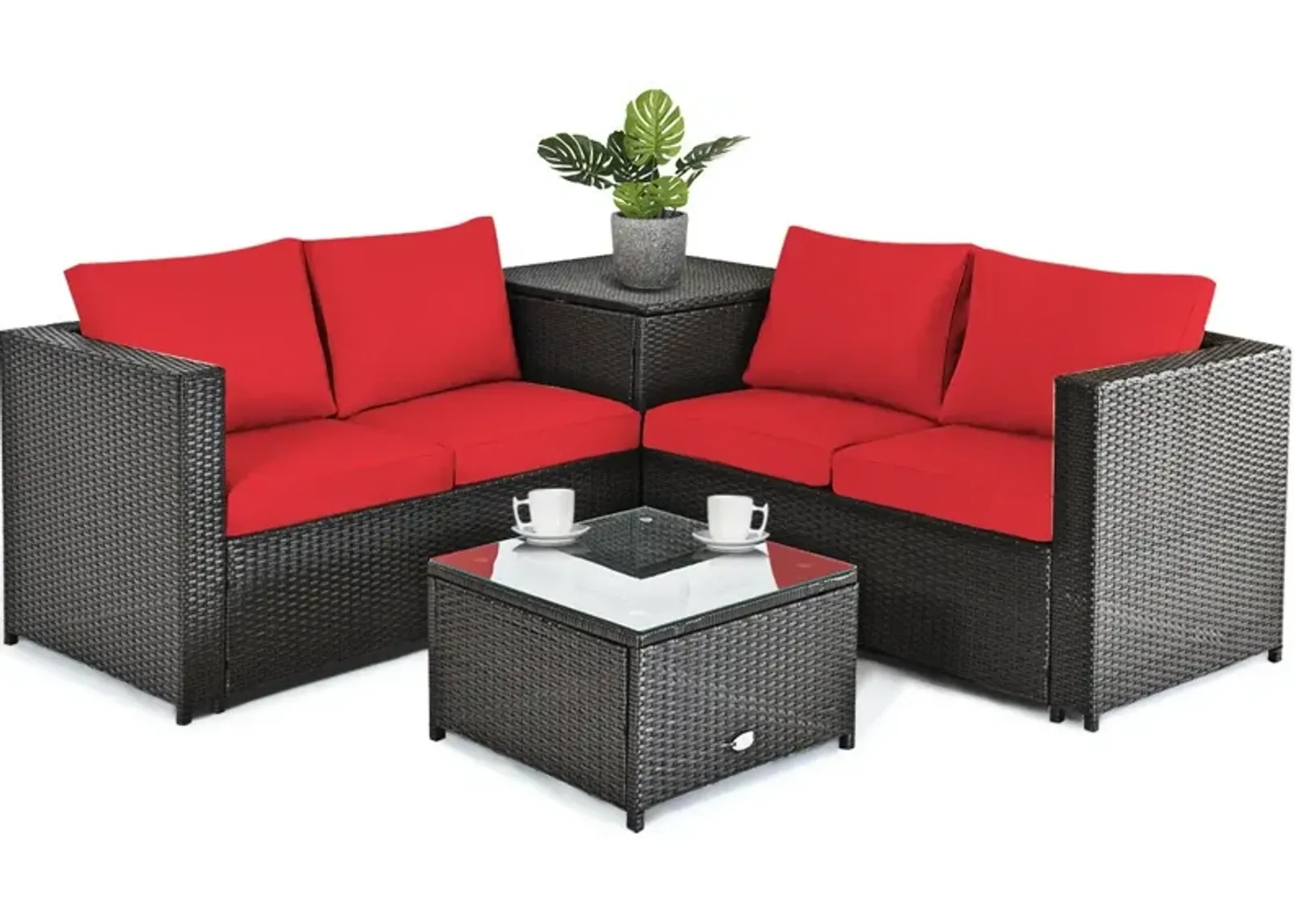 4 Pieces Outdoor Patio Rattan Furniture Set with Cushioned Loveseat and Storage Box