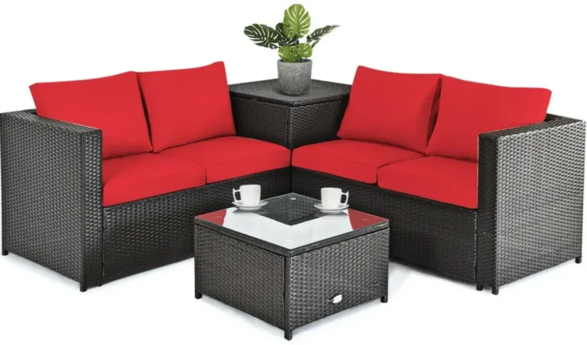 4 Pieces Outdoor Patio Rattan Furniture Set with Cushioned Loveseat and Storage Box