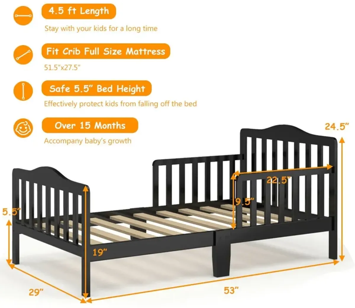 Classic Design Kids Wood Toddler Bed Frame with Two Side Safety Guardrails