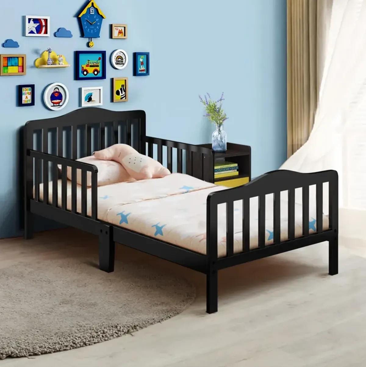 Classic Design Kids Wood Toddler Bed Frame with Two Side Safety Guardrails