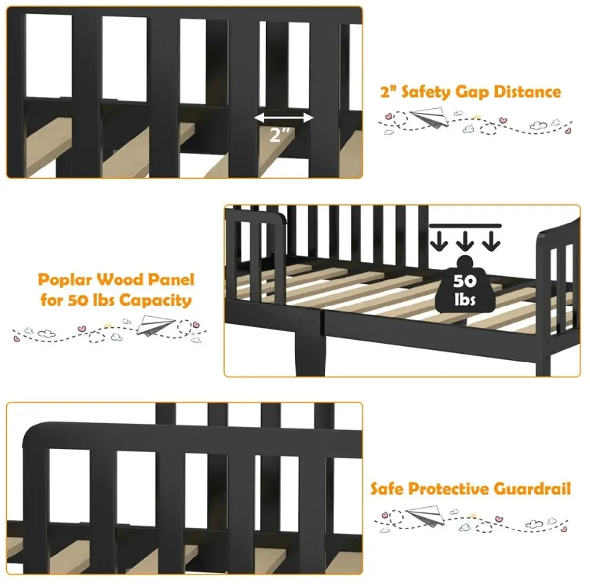 Classic Design Kids Wood Toddler Bed Frame with Two Side Safety Guardrails