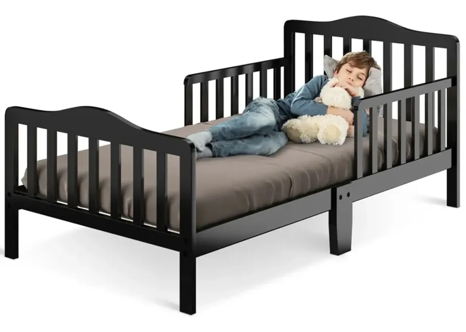 Classic Design Kids Wood Toddler Bed Frame with Two Side Safety Guardrails