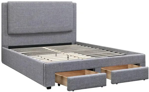 Fina Queen Size Bed w Storage Footboard, Gray Faux Linen Upholstery - Benzara