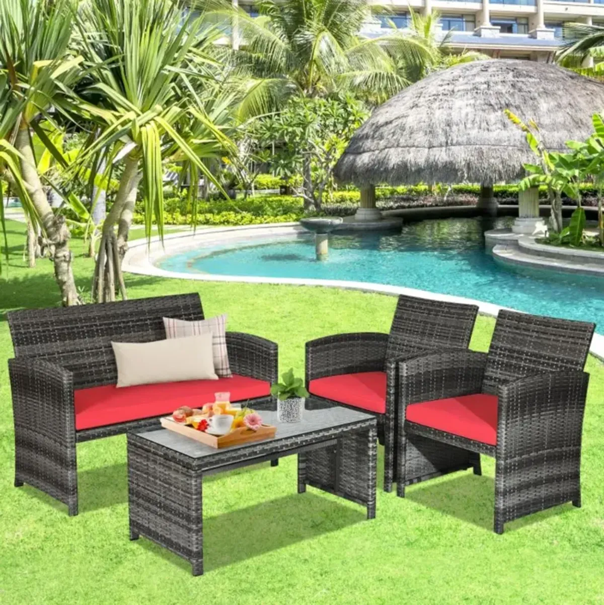 Hivvago 4 Pieces Patio Rattan Furniture Set with Glass Table and Loveseat