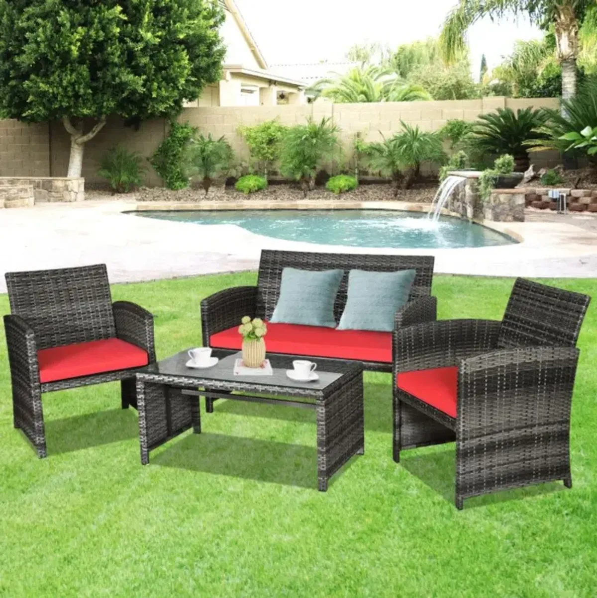 Hivvago 4 Pieces Patio Rattan Furniture Set with Glass Table and Loveseat