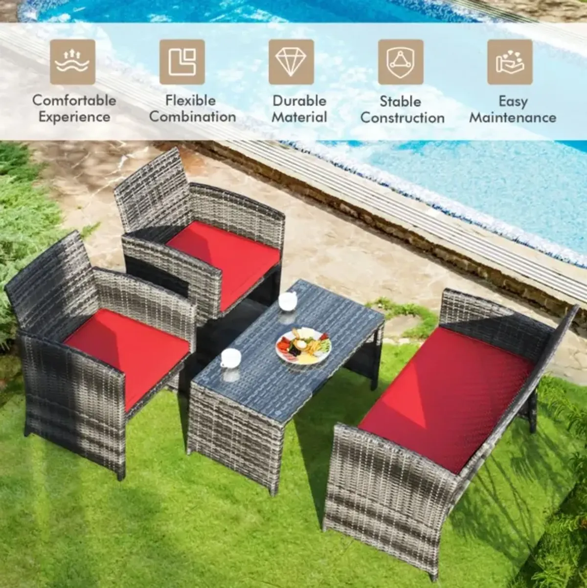 Hivvago 4 Pieces Patio Rattan Furniture Set with Glass Table and Loveseat