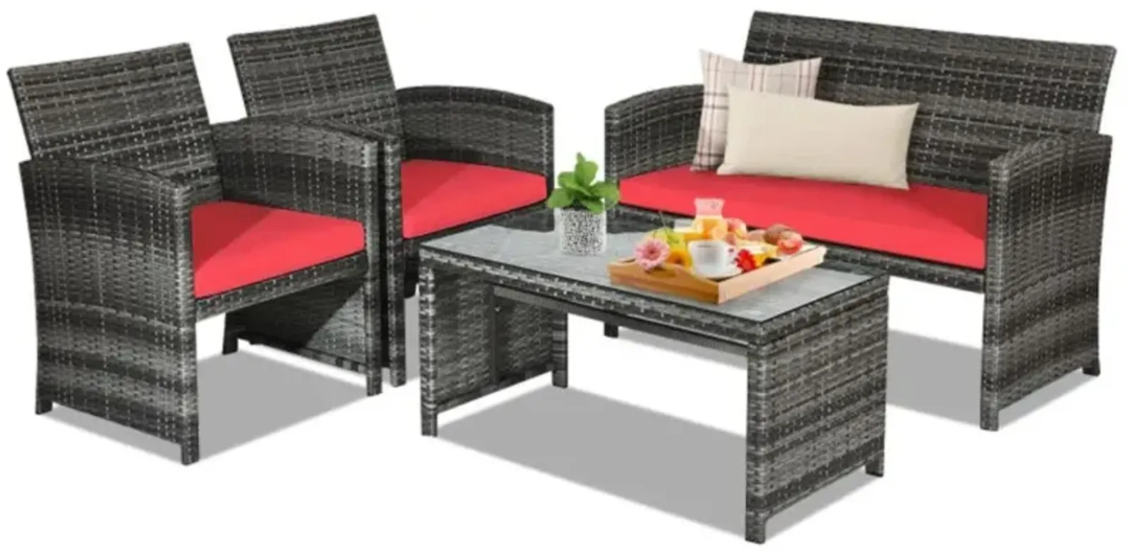 Hivvago 4 Pieces Patio Rattan Furniture Set with Glass Table and Loveseat