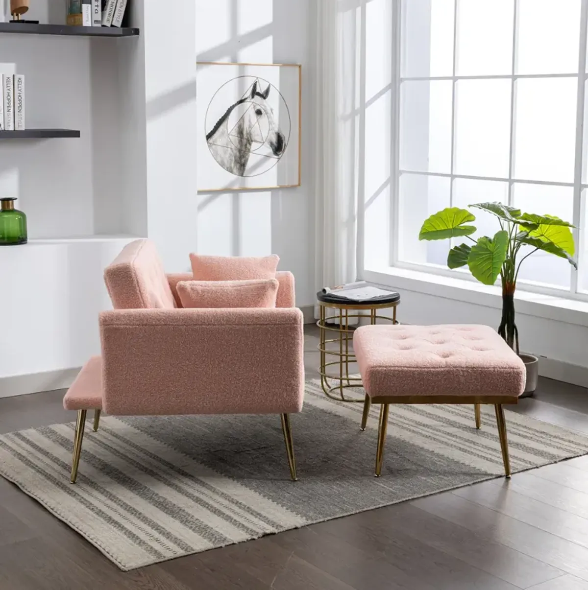 36.61" Wide Modern Accent Chair With 3 Positions Adjustable Backrest, Tufted Chaise Lounge Chair, Single Armchair With Ottoman And Gold Legs For Living Room, Bedroom (Pink)