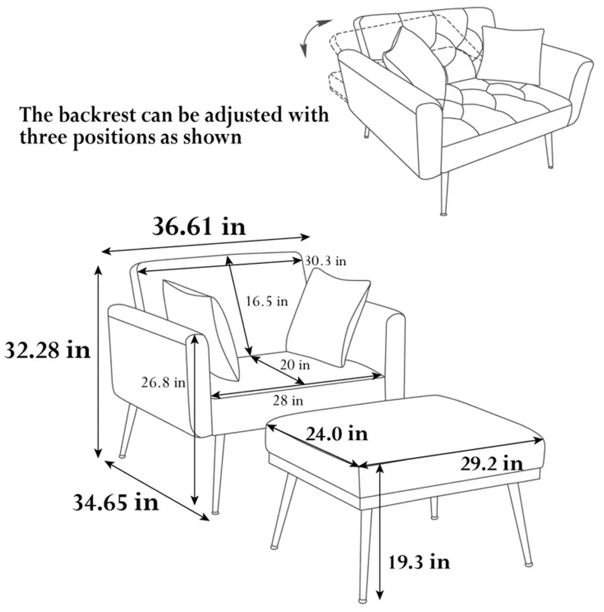 36.61" Wide Modern Accent Chair With 3 Positions Adjustable Backrest, Tufted Chaise Lounge Chair, Single Armchair With Ottoman And Gold Legs For Living Room, Bedroom (Pink)