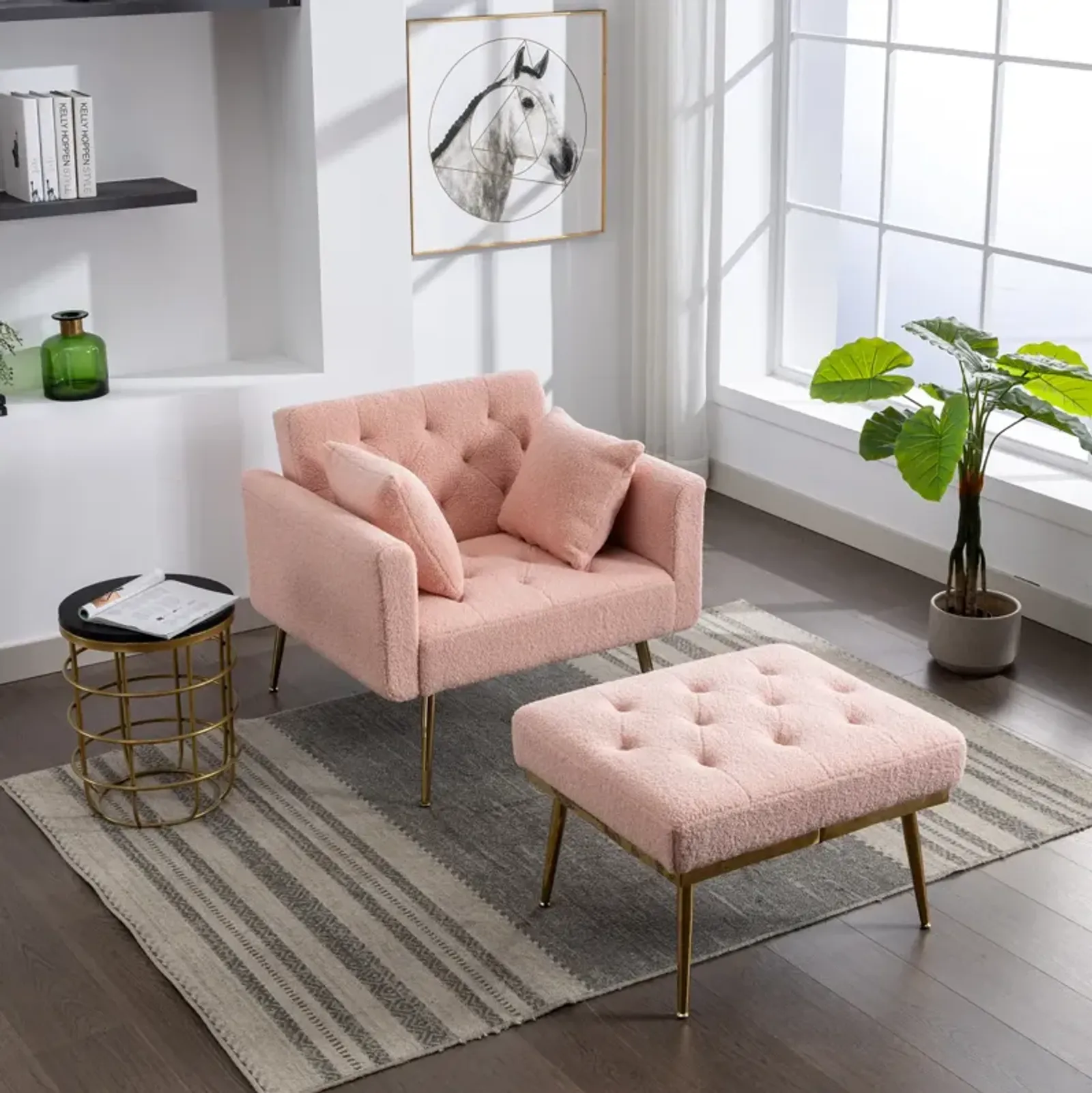 36.61" Wide Modern Accent Chair With 3 Positions Adjustable Backrest, Tufted Chaise Lounge Chair, Single Armchair With Ottoman And Gold Legs For Living Room, Bedroom (Pink)