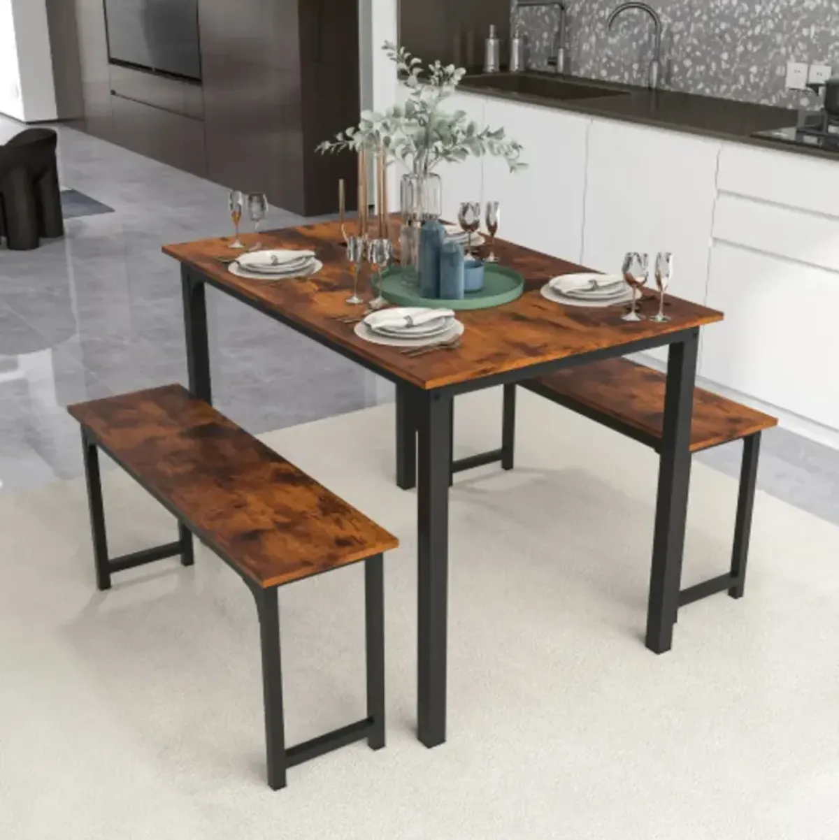 3 Pieces Farmhouse Dining Table Set with Space-Saving Design- Brown