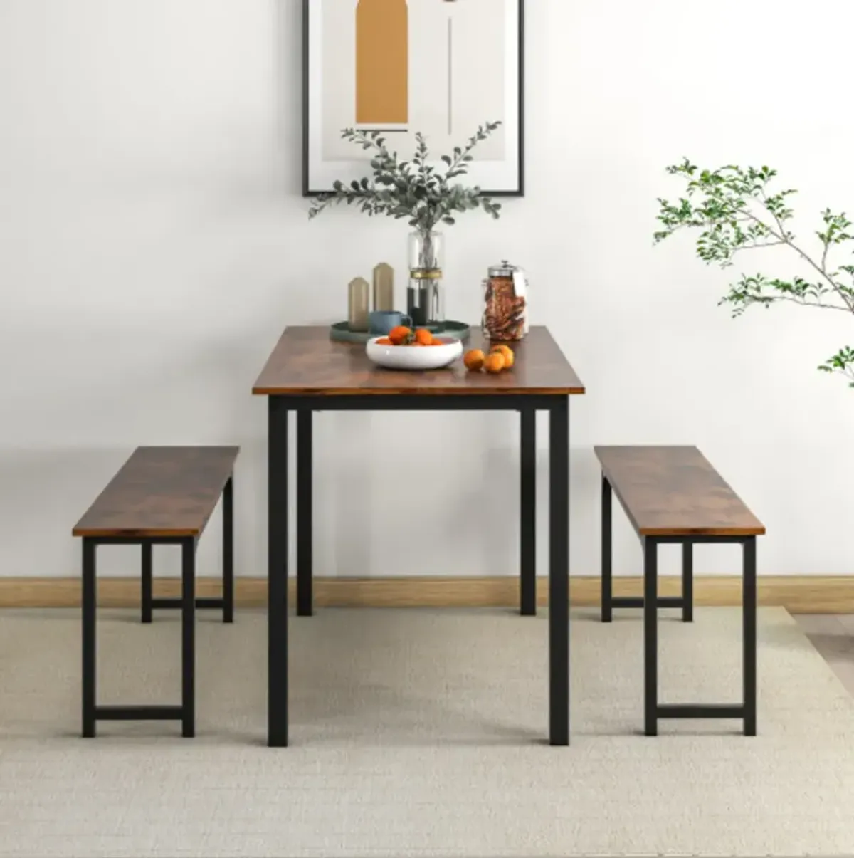 3 Pieces Farmhouse Dining Table Set with Space-Saving Design- Brown