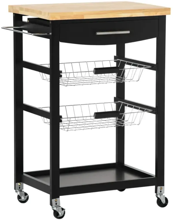 Black Kitchen Cart: 3-Tier Utility with Wood Top, Drawer