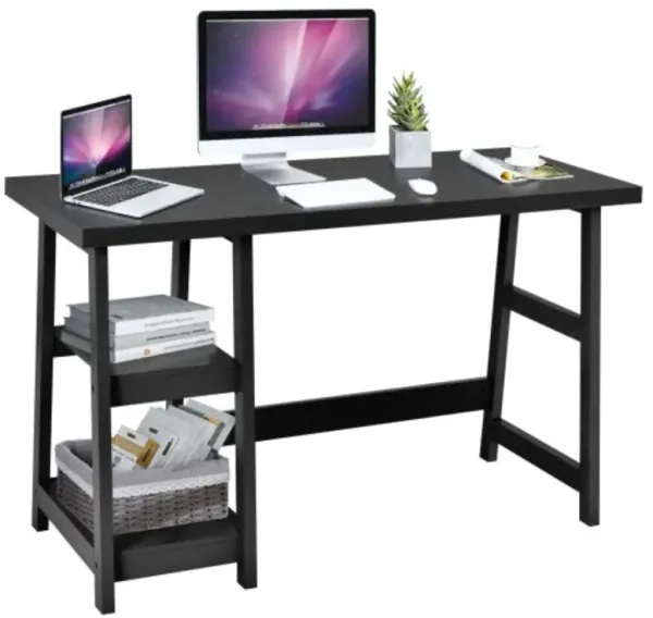 Hivvago Wooden Trestle Computer Desk with 2-Tier Removable Shelves