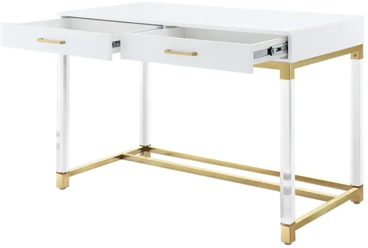 Inspired Home Kalel High Gloss 2 Drawers Writing Desk with Acrylic Legs and Stainless Steel Base