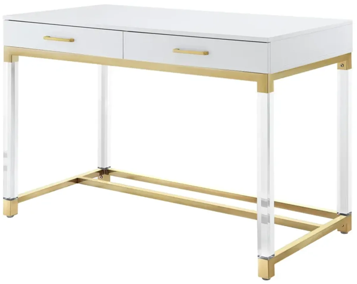 Inspired Home Kalel High Gloss 2 Drawers Writing Desk with Acrylic Legs and Stainless Steel Base